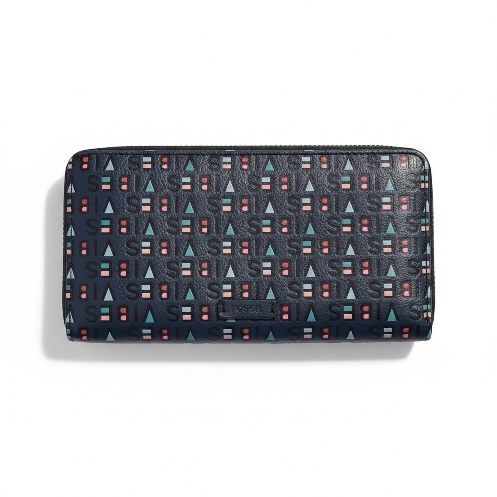 Fossil Zip Around Long Wallet Good Vibes Navy Blue